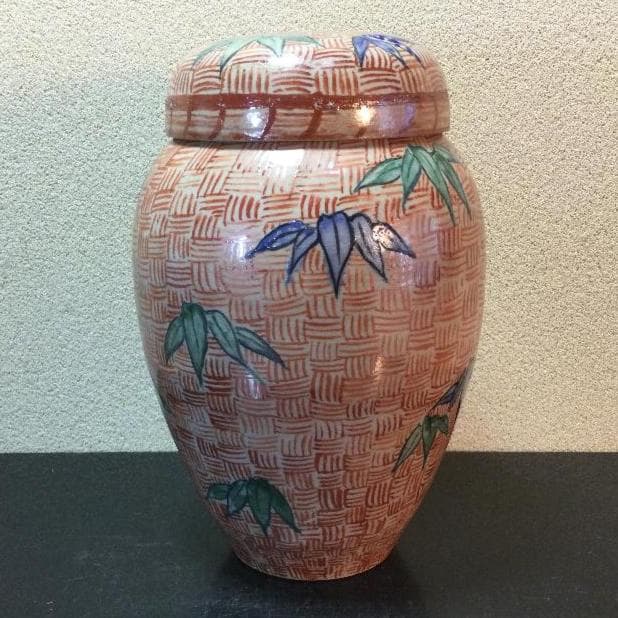陶芸　手作り陶器　茶壺、赤絵竹図柄
