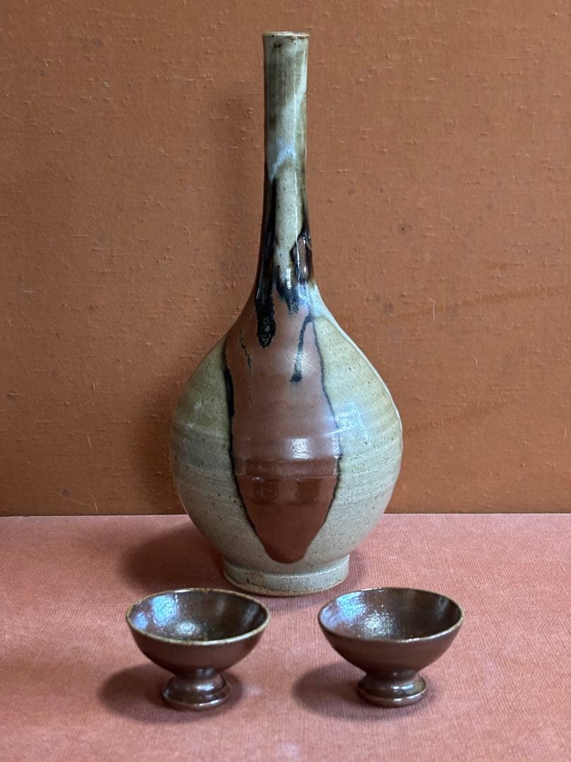 やまちゃん河井寛次郎作柿緑白釉鶴首瓶鉄釉高台盃台二客検森の初春に捧ぐ