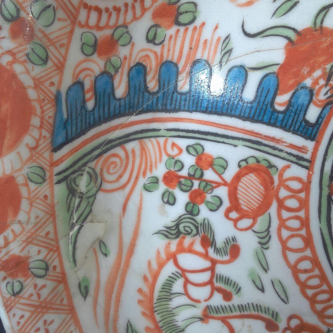 骨董６ 中国？ ひび直しあります注意多色花模様の陶器皿