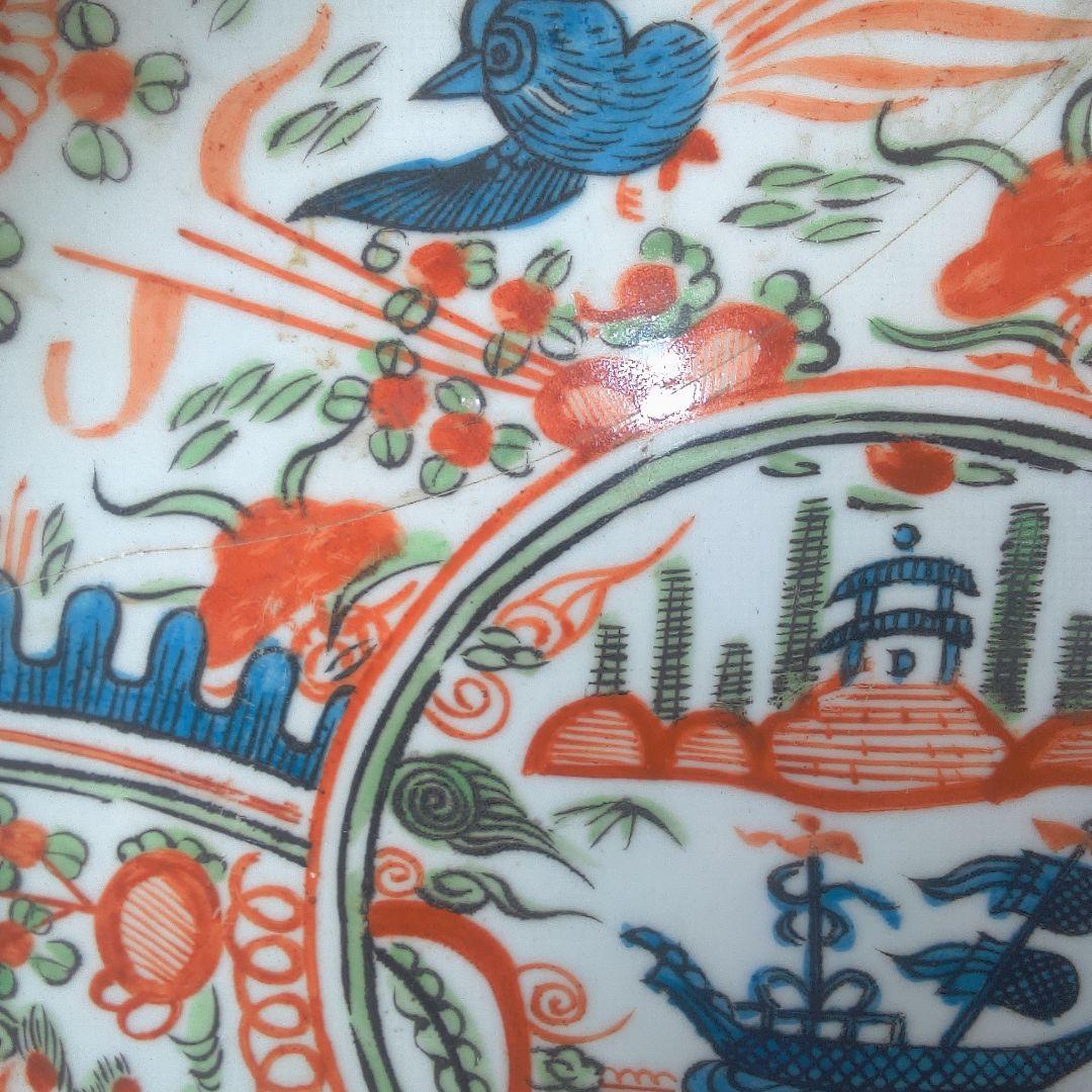 骨董６ 中国？ ひび直しあります注意多色花模様の陶器皿