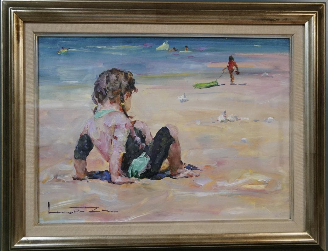 ホンビン・ヅォーHongbin Zhao砂浜で◆油彩◆額装◆直筆サイン◆箱付