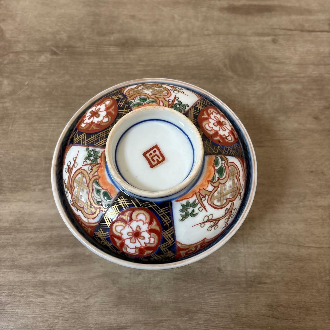 古伊万里　色絵染付間取　金襴手　丼　5客　蓋付碗　アンティーク　骨董　明治〜大正