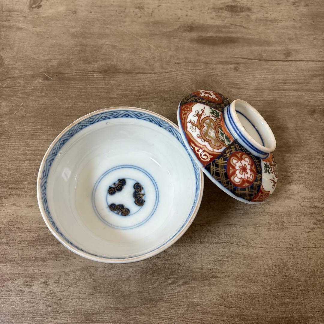 古伊万里　色絵染付間取　金襴手　丼　5客　蓋付碗　アンティーク　骨董　明治〜大正