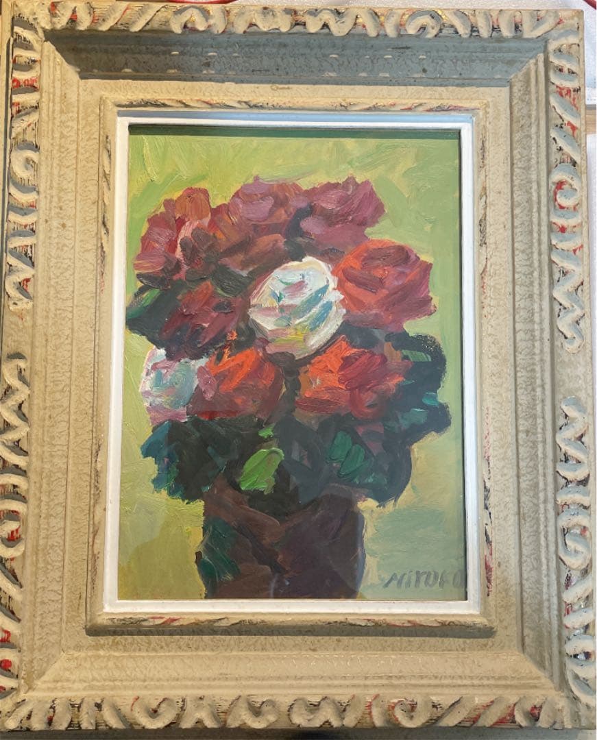 【額縁付き】薔薇 油絵【壁掛け可能】