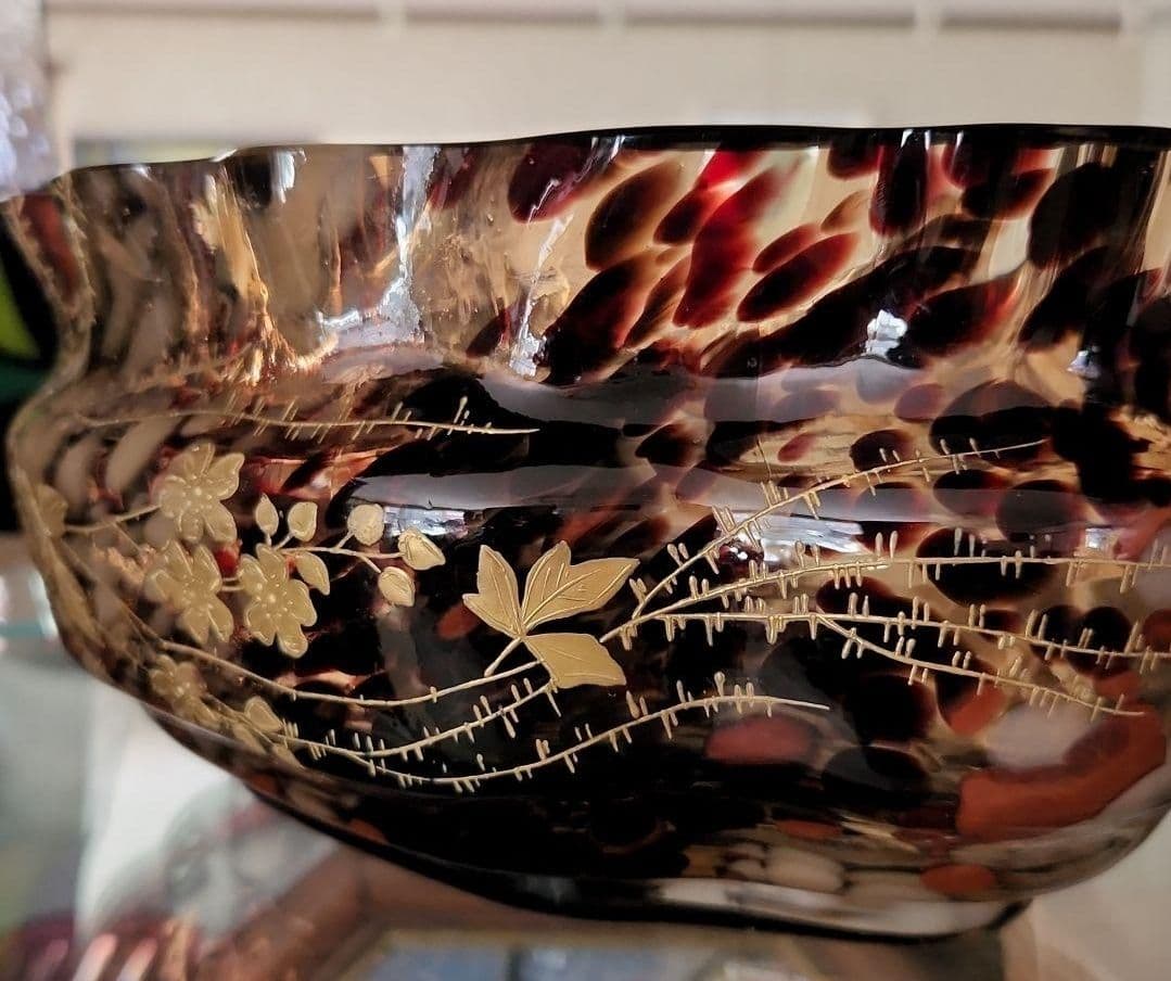 アールヌーボーガラス　吹雪紋金彩盛り薔薇エナメル画　最終値下げ