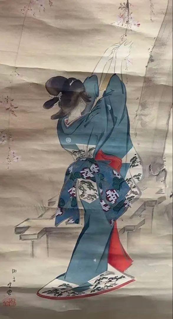 伝統的な日本の掛軸「桜を触る着物美人図」絹本 肉筆 共箱付き 掛け軸