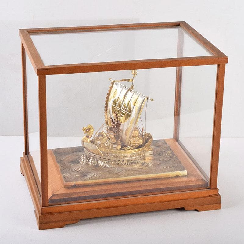 豊秀作　銀製　宝船　置物　ガラスケース　D　R9193B