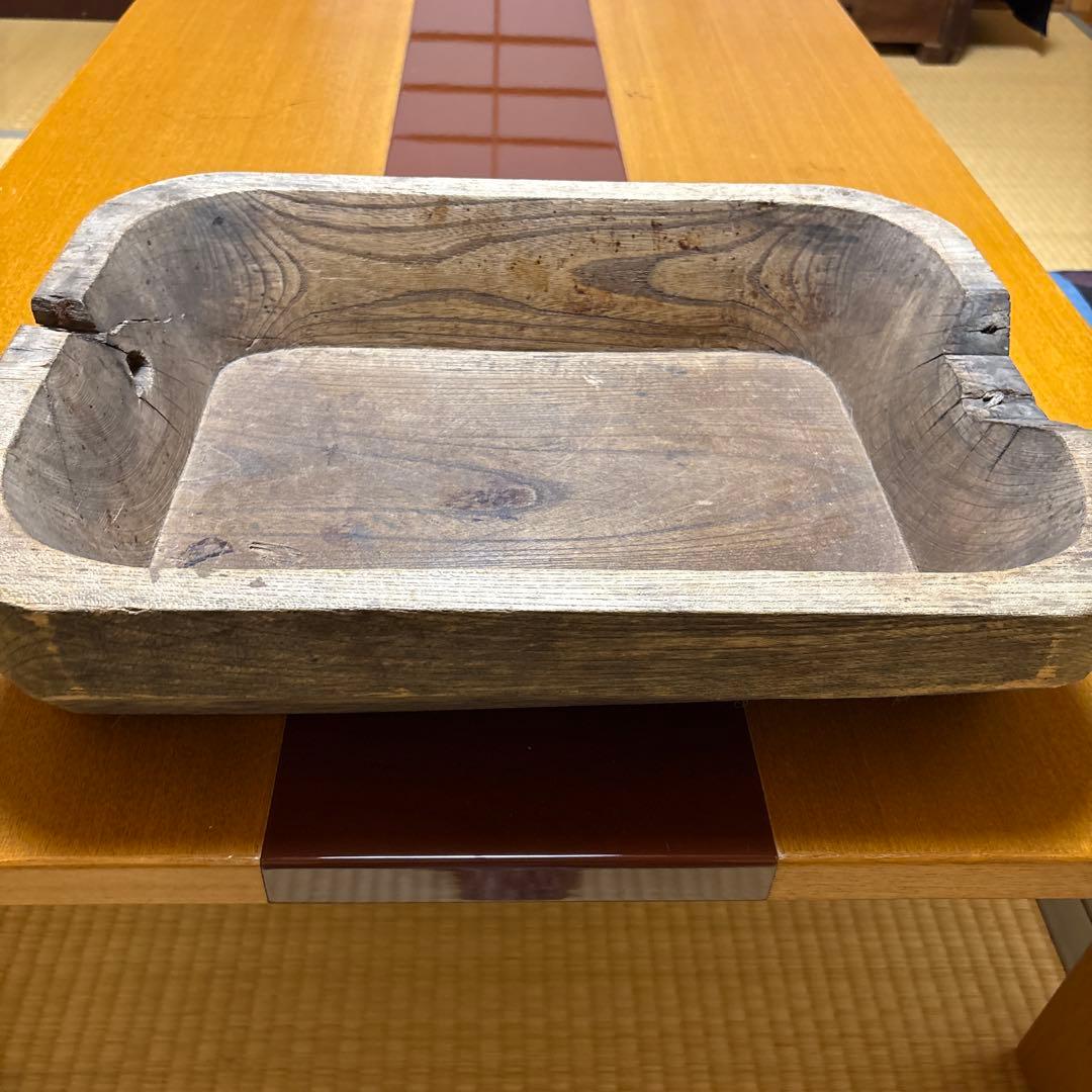 木製長方形皿 亀裂あり　骨董　木彫りトレイ