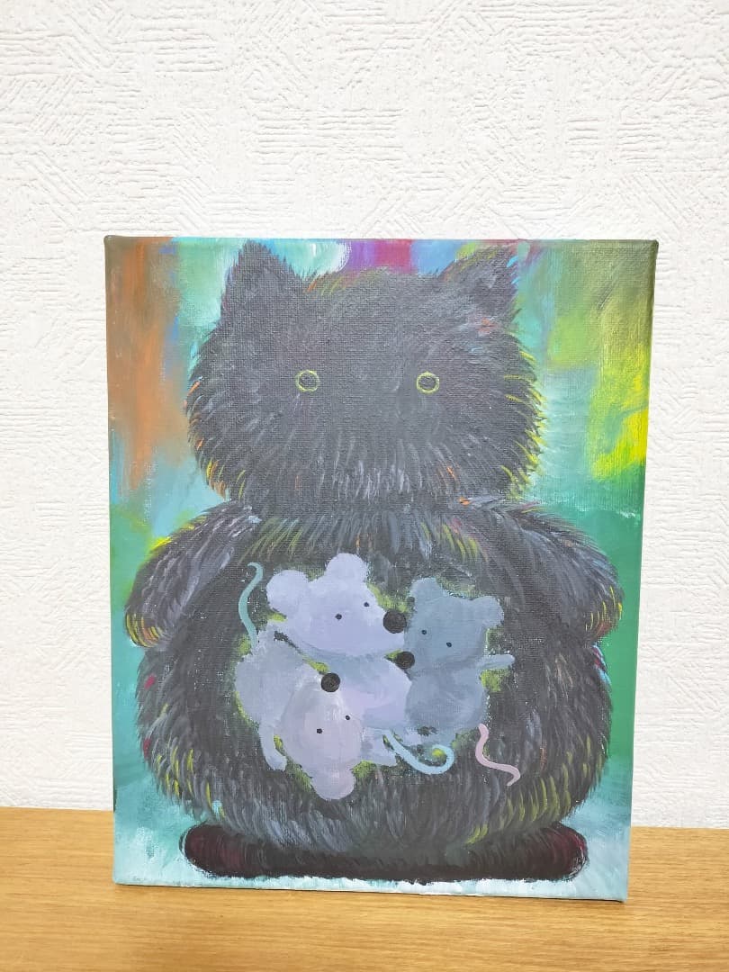 アクリル画 絵画 【黒猫のおなかのなか】額縁なし