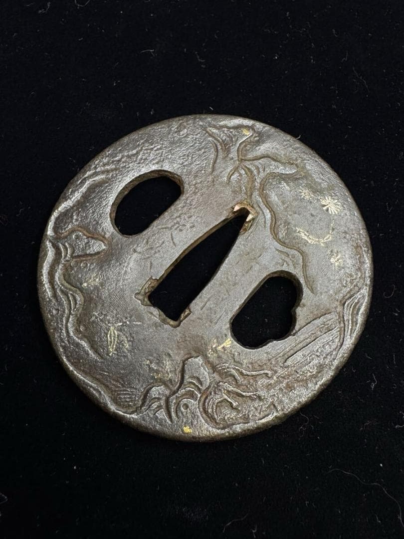 在銘 竹之内定次 鉄地滝図鐔 鍔 拵 日本刀 刀装具 骨董 古美術 江戸時代