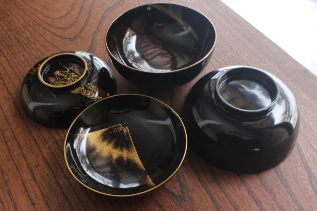 時代逸品！時代金縁黒漆に極上龍富士山沈金の映えるお椀2点（検輪島塗沈金椀懐石椀