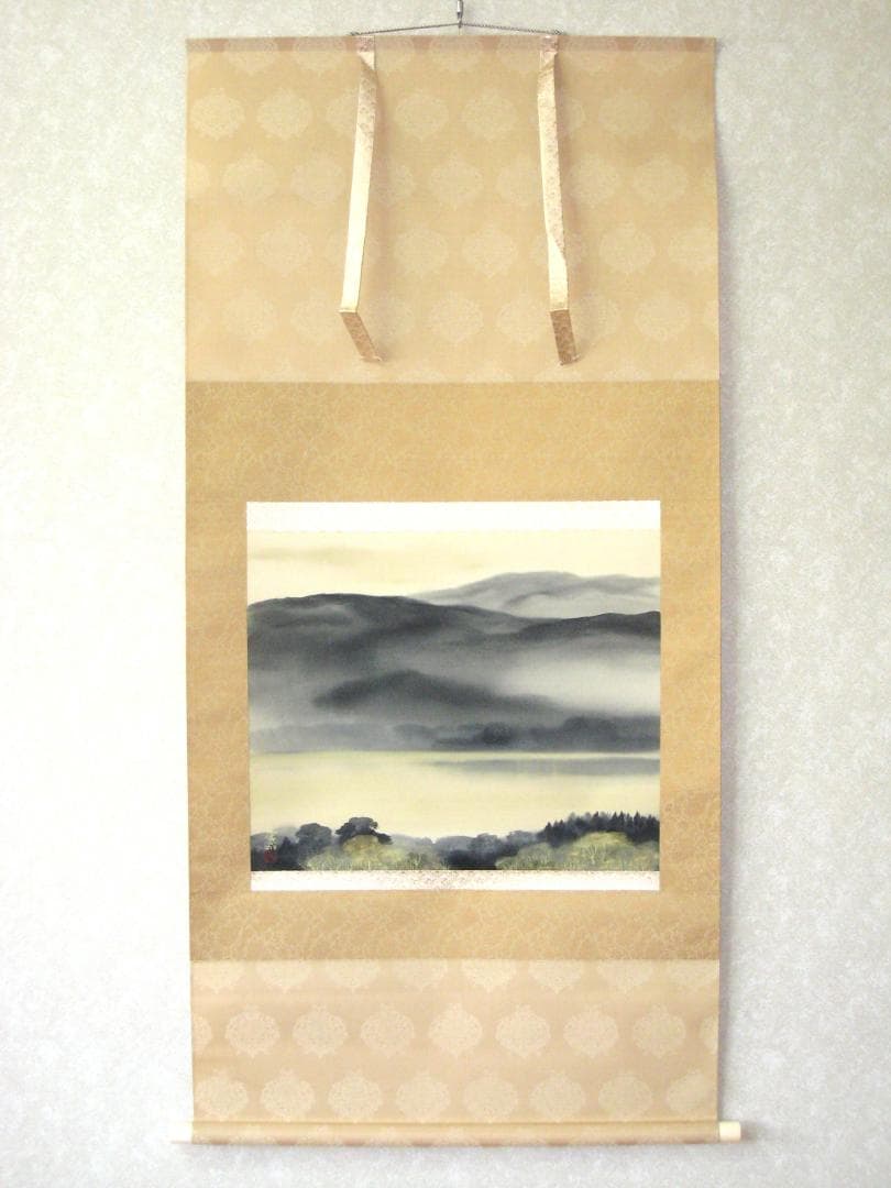 【真筆】掛け軸 掛軸　水墨山湖◆川村憲邦　太巻・共箱・二重箱