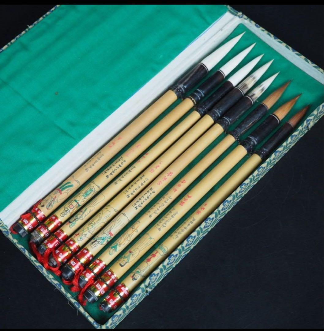 送料無料　八仙図漢詩彫　金鶏牌高級筆8本　文港筆荘　書道具