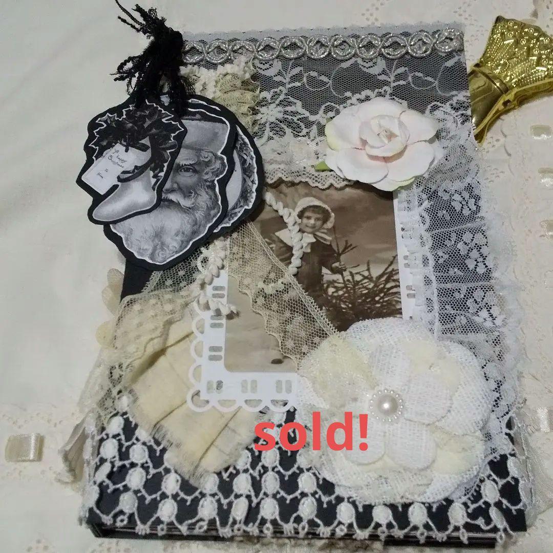 モノクロカラーのクリスマス　ジャンクジャーナル　アンティーク　レース　ビンテージ