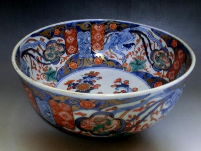 鉢■古伊万里 みごとな大鉢(江戸後期～明治期) 鳳凰紋 窓絵花唐草赤絵 骨董品■