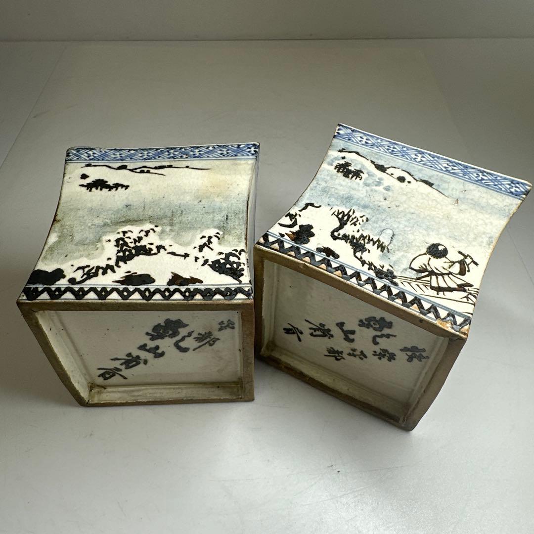 乾山作　雪景山水火入　一対　木箱付　幅約9㎝　本Y7-0414☆1Fトトオカ