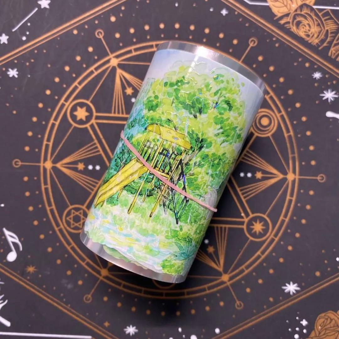 【9197】海外　マステ　中古巻　貝殻光マスキングテープ雨景色　公園　街　背景系