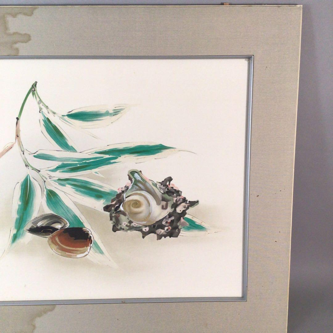 No3711額装　川端龍子　熊笹に貝図　絹本　在銘　落款　日本画　絵画　送料無料