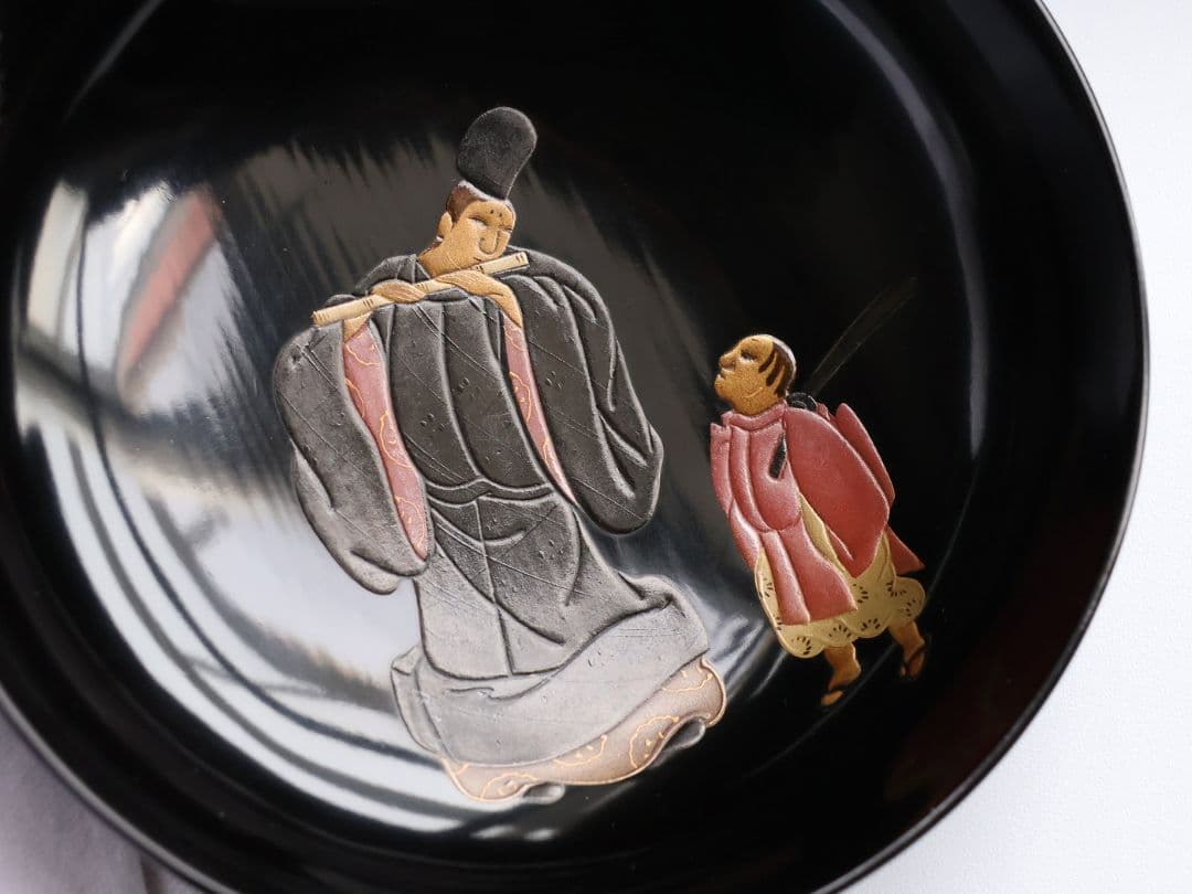 【MB195】輪島塗 天然木漆塗 黒塗椀 二客 蒔絵 大和絵 源氏絵 人物 昭和