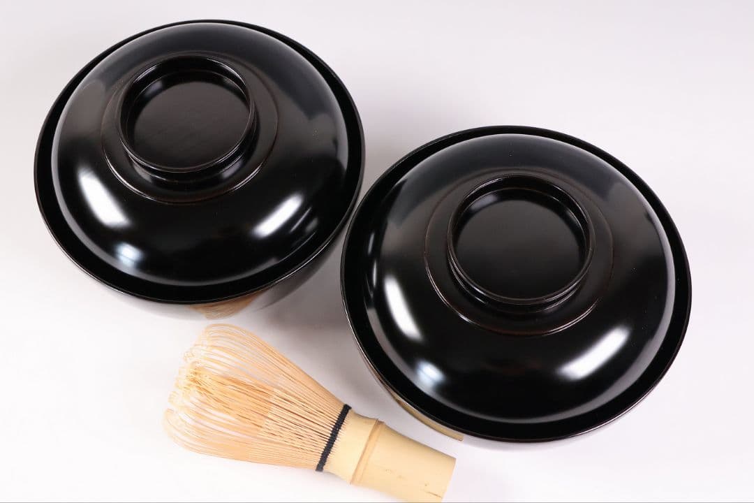 【MB195】輪島塗 天然木漆塗 黒塗椀 二客 蒔絵 大和絵 源氏絵 人物 昭和