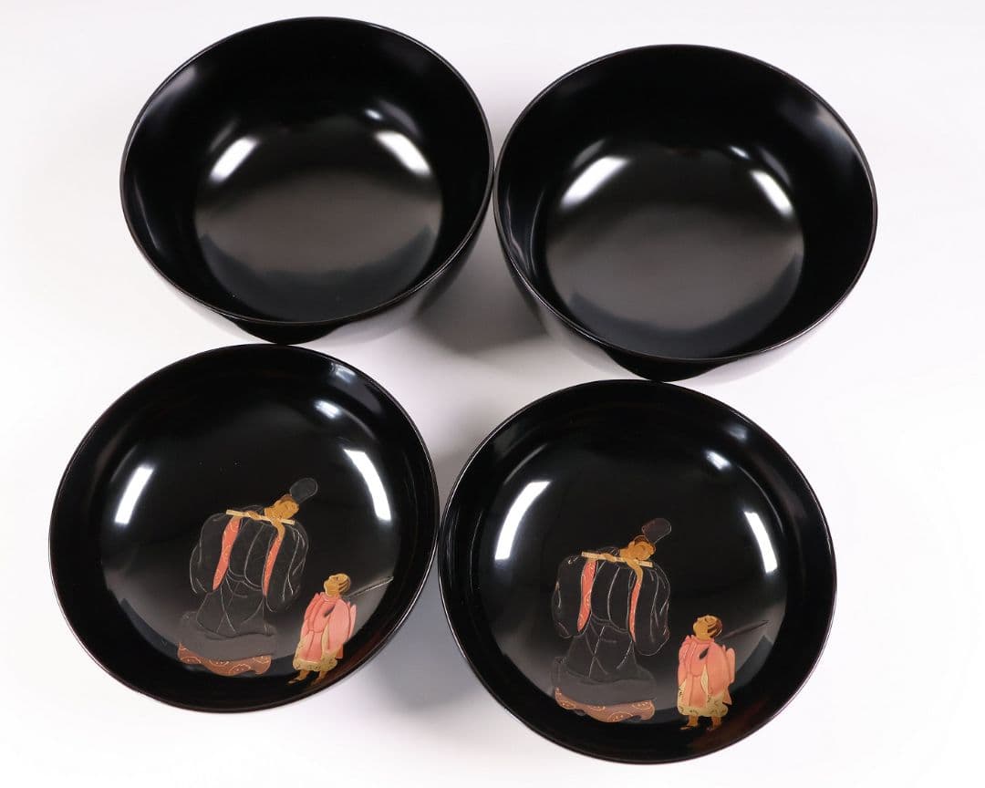 【MB195】輪島塗 天然木漆塗 黒塗椀 二客 蒔絵 大和絵 源氏絵 人物 昭和