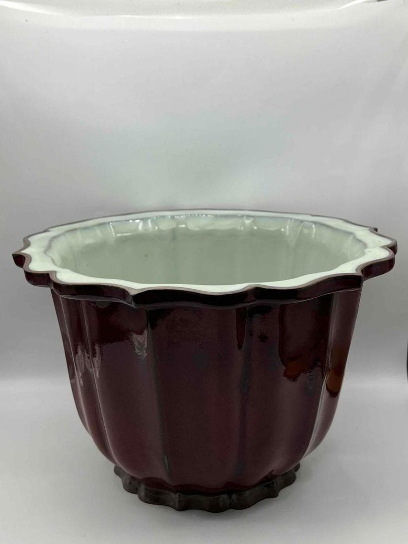 北宋時代 鈞窯　天青紫紅釉葵口盆　花入れ　鉢植え　窯変釉　辰砂(B-30)
