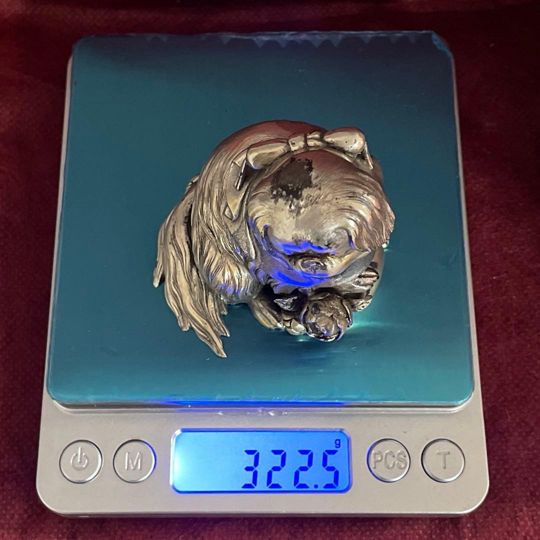 銀　置物　桐箱付き　正園 作　狆 （チン）　刻印あり 約322.5g