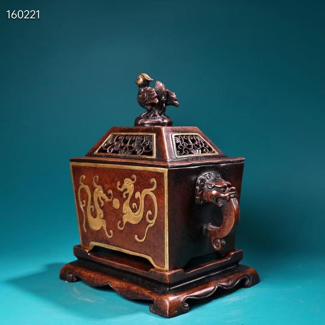 中国古美術・珍蔵·稀少品・紫銅・純手作り・鎏金高浮彫香炉・熏香爐・置物