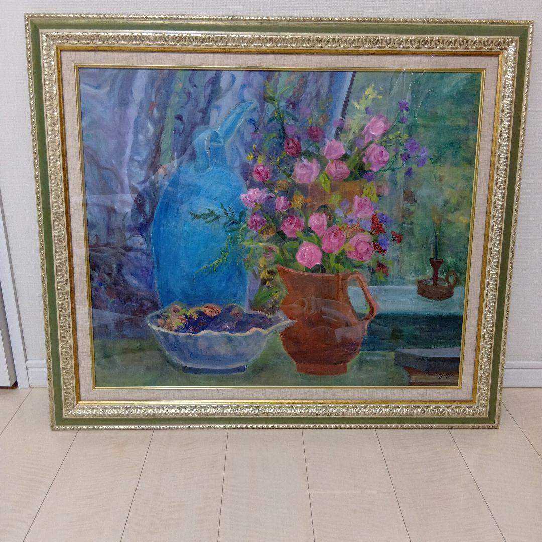 藤井一代 花瓶とバラ 油彩画