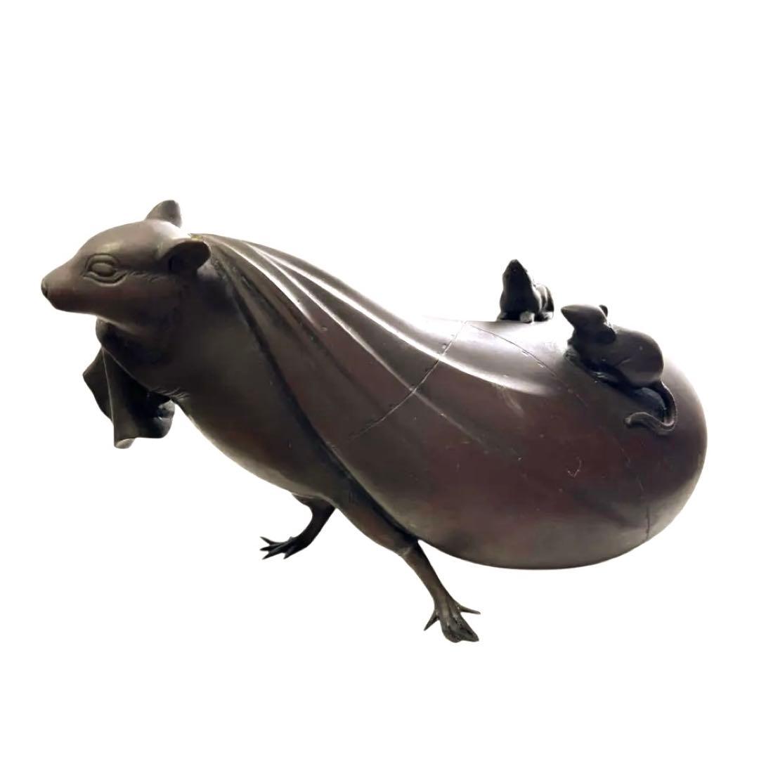 岩坪信光 作 唐銅 袋引鼠 ねずみ 親子／金工師／銅製 置物／刻印あり／工芸品