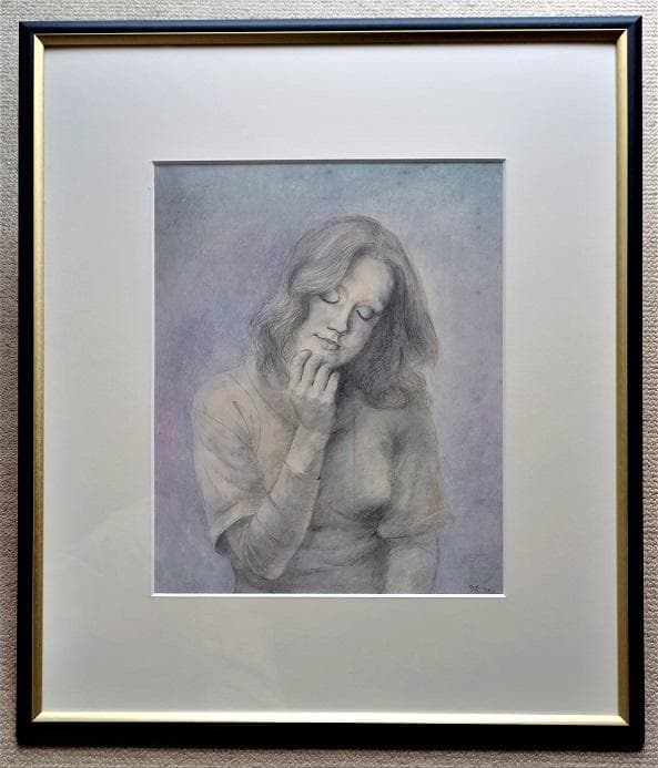 桜田晴義　タイトル「少女D」　デッサン画　表サイン　新品額装　黄袋、タトウ箱あり