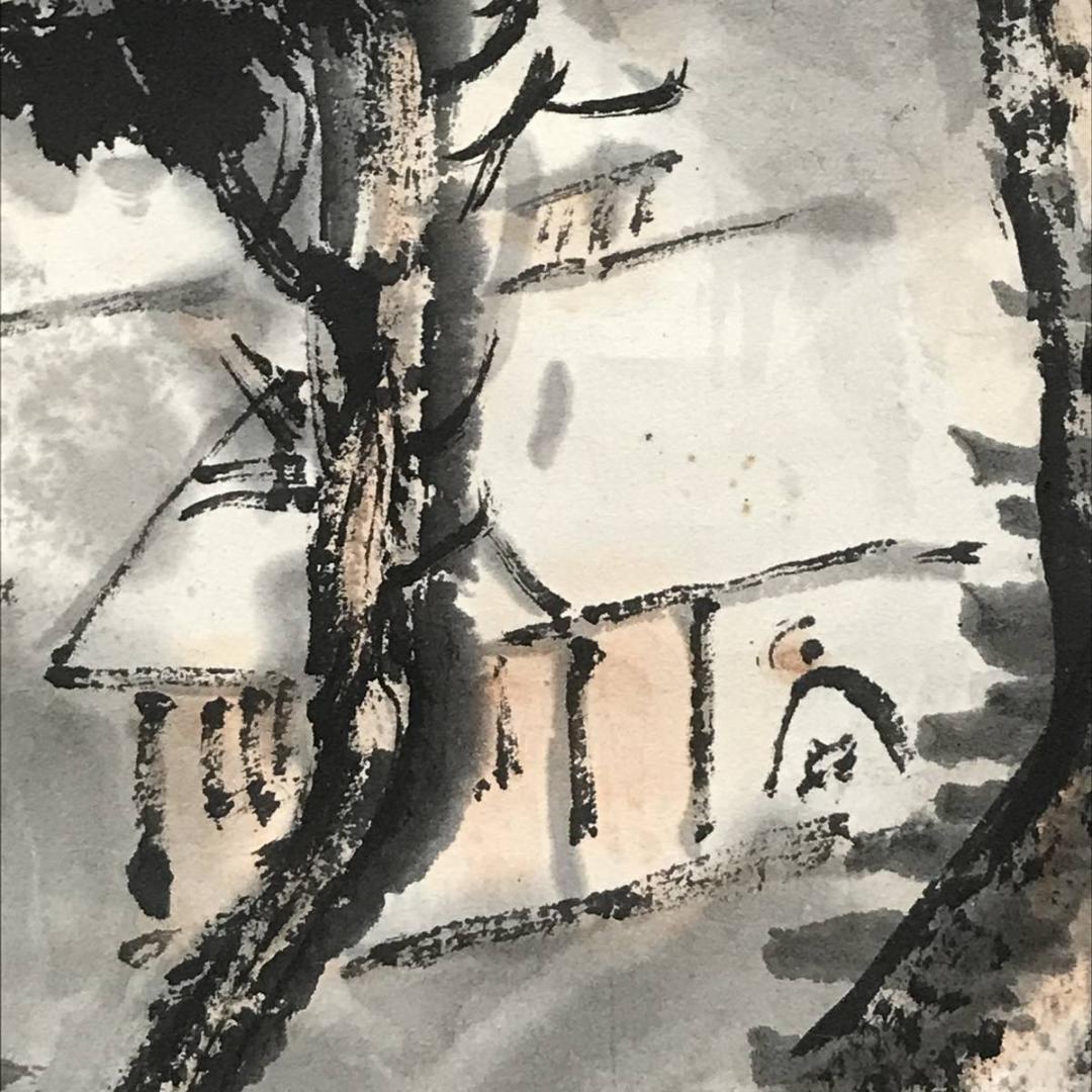 【真作】服部五老/梅花白雪山水図/山水図/雪景図/掛軸/名家伝来/AC-306