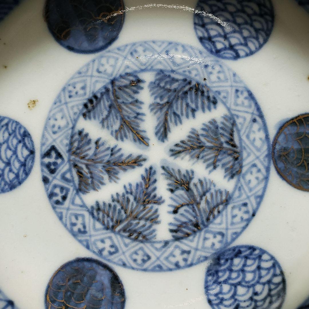 小皿 古伊万里 明治 丸窓 ようらく 四方襷文様 大明嘉清年製 イ号 ニュウ