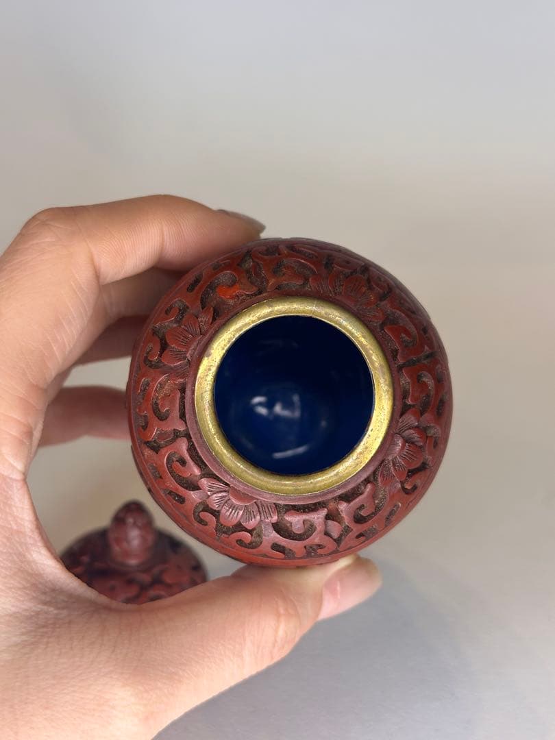 民国時代 剔紅 堆朱 壺 茶入 蓋付 彫漆文 時代物 中国古美術