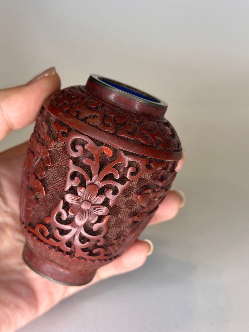 民国時代 剔紅 堆朱 壺 茶入 蓋付 彫漆文 時代物 中国古美術