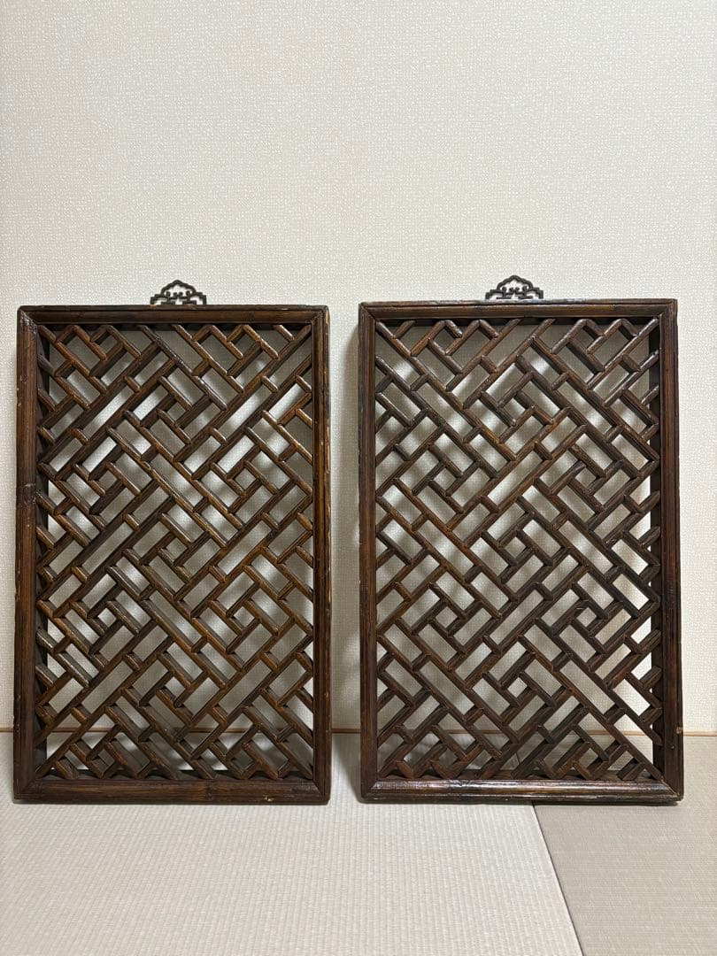 中国アンティーク☆木製建具☆シノワズリ☆欄間☆格子模様☆壁掛け装飾☆2枚セット