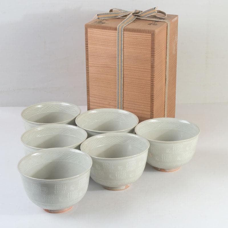 茶道具　京焼　加藤春永作　三島市松　数茶碗　六客　共箱　V　9769