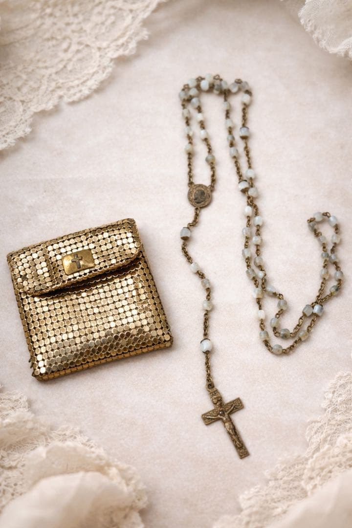 フランスアンティーク1920–30s ポーチ付き マザーオブパール ロザリオ