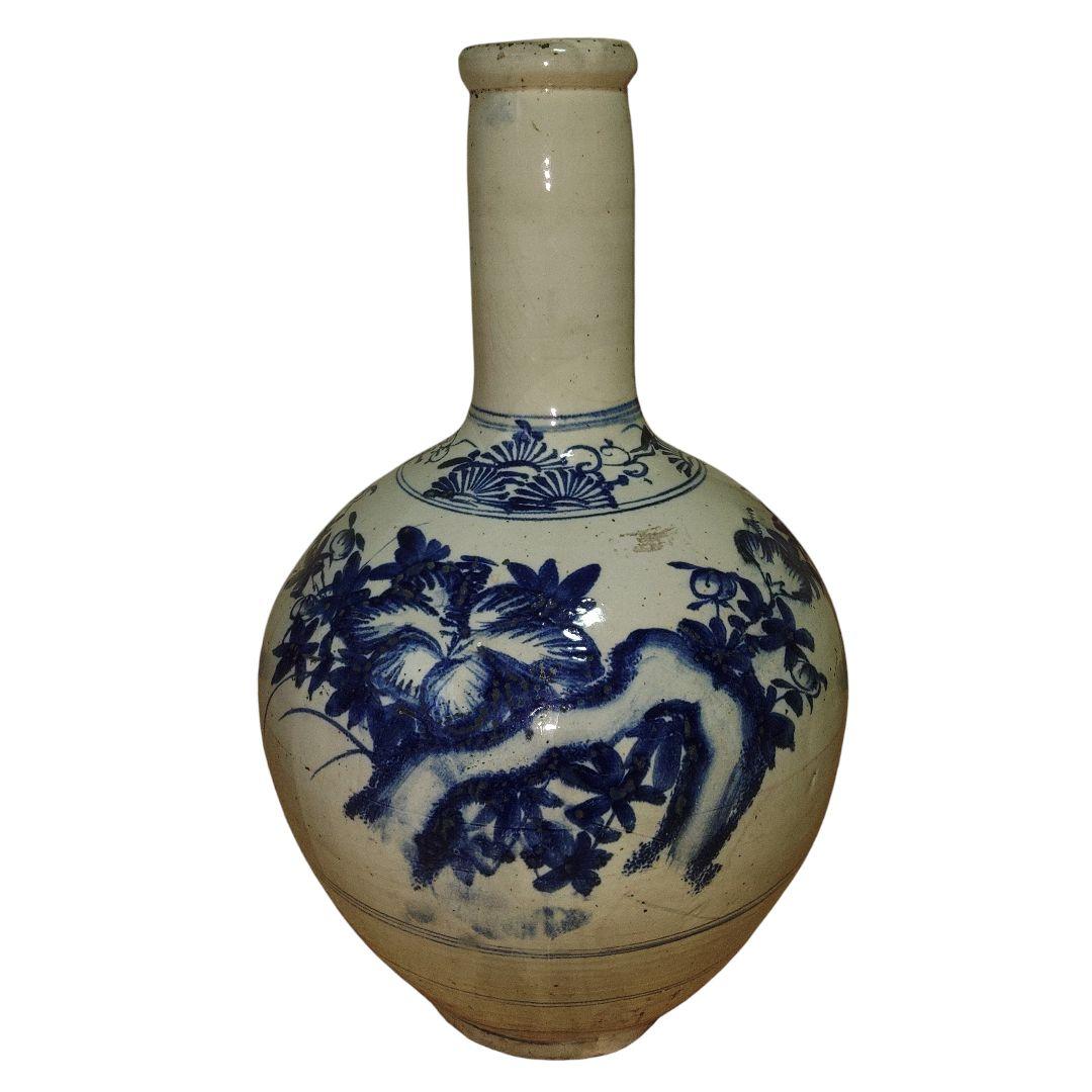 明治美術　越後豊栄　民窯大丘焼　四君子草花文染付徳利　高さ50cm