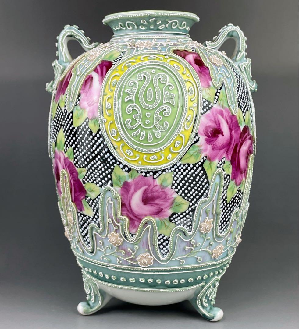 【希少】オールドニッポン 薔薇紋 一陳盛上げ アールヌーボー 花瓶 ビーディング