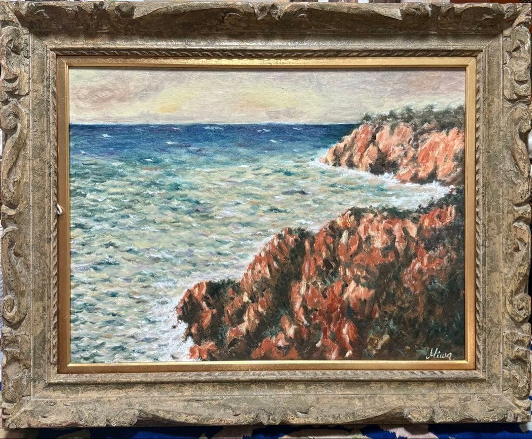 ロスアンゼルスにて　海の風景 三輪作 油彩画 P12サイズ板に油彩画　0918