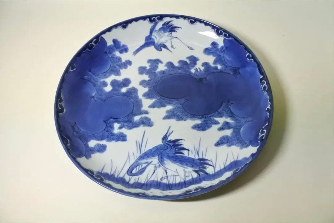 江戸後期　伊万里　染付　雲　鶴　松　大皿　飾皿　骨董品　アンティーク　i