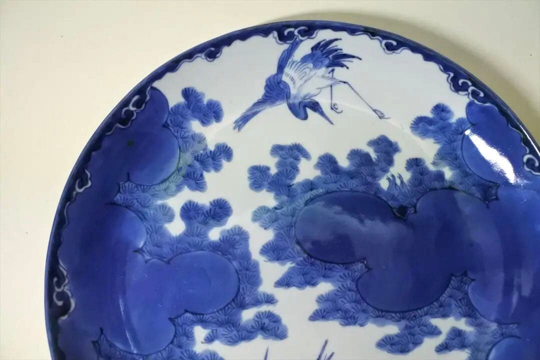 江戸後期　伊万里　染付　雲　鶴　松　大皿　飾皿　骨董品　アンティーク　i