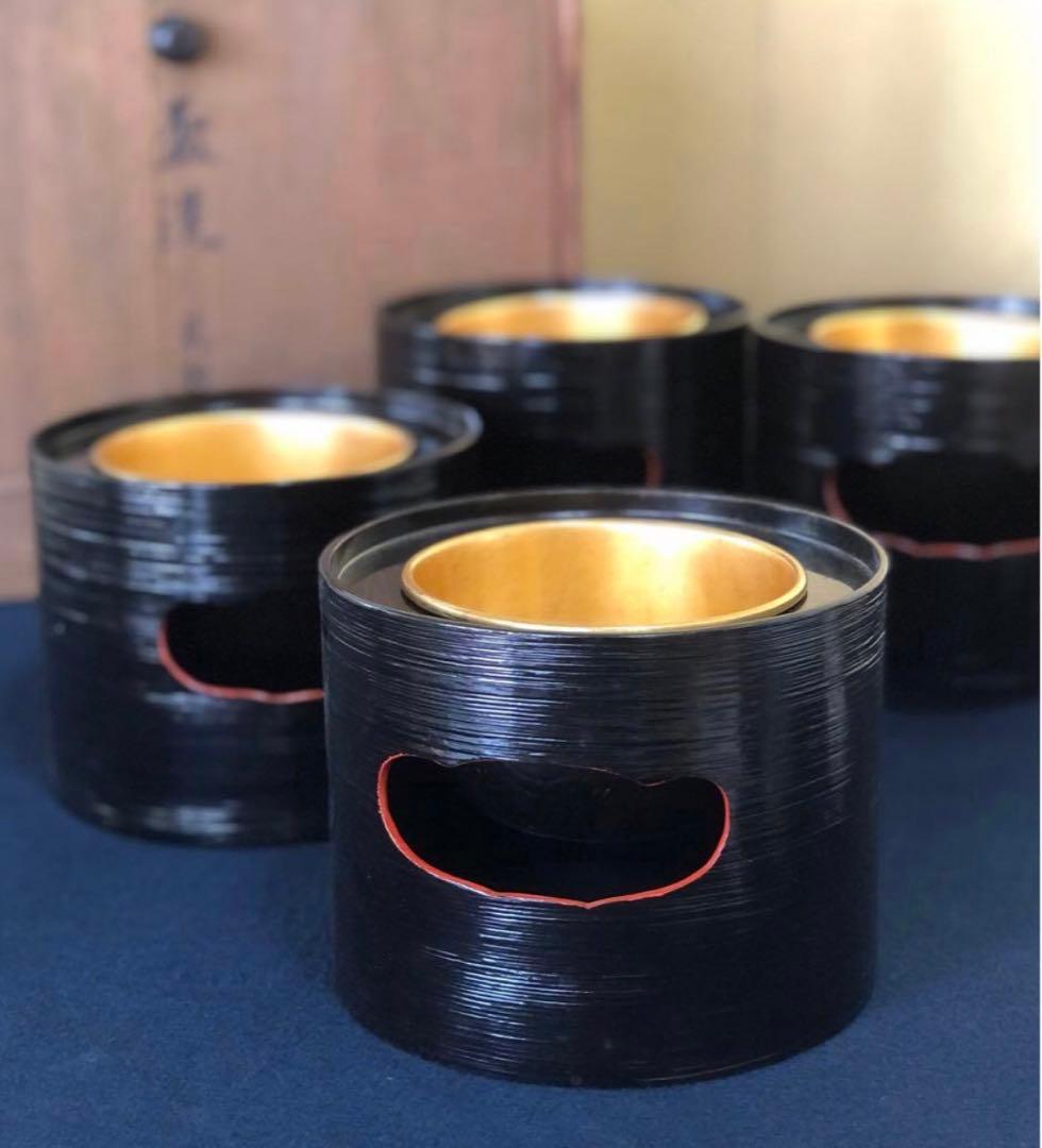 《R》黒塗内金 盃洗4客組 木製漆器 木箱 時代　251216お5