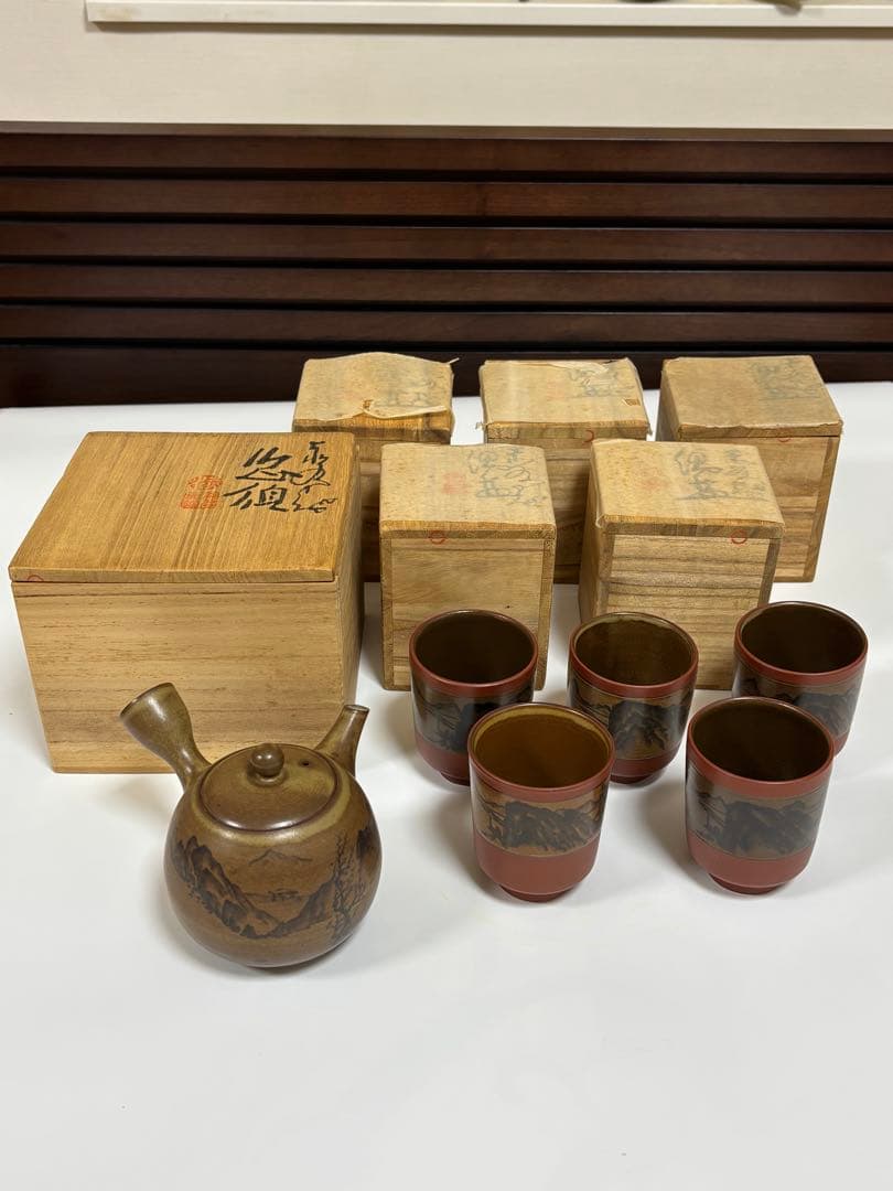 佐渡 無名異焼き 茶器セット湯呑み茶碗 5客 急須 1個 3代目伊藤赤水