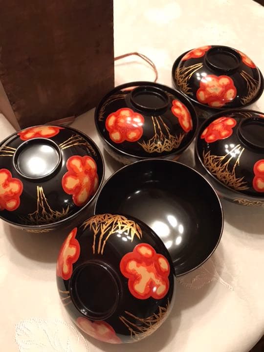 東京日本橋木屋漆器店　骨董品　漆器　縁起物　竹梅　大正〜昭和時代のお碗5客