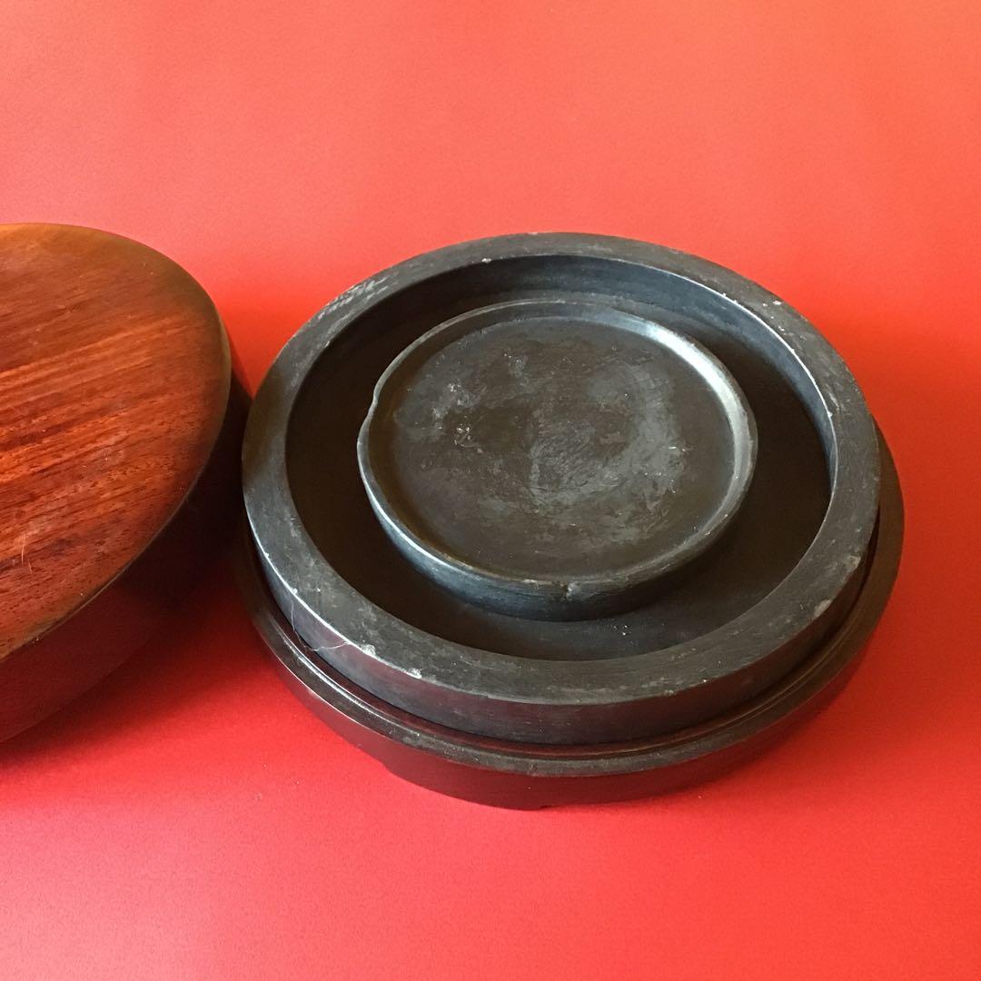 古丸型硯　紫檀材質丸箱