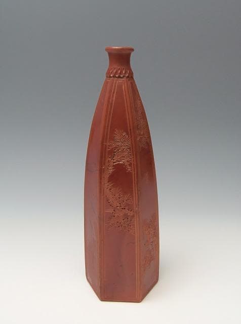 江戸後期 傘徳利 松模様 俳句刻 窯変面取り六角徳利 レア古備前・レア備前焼