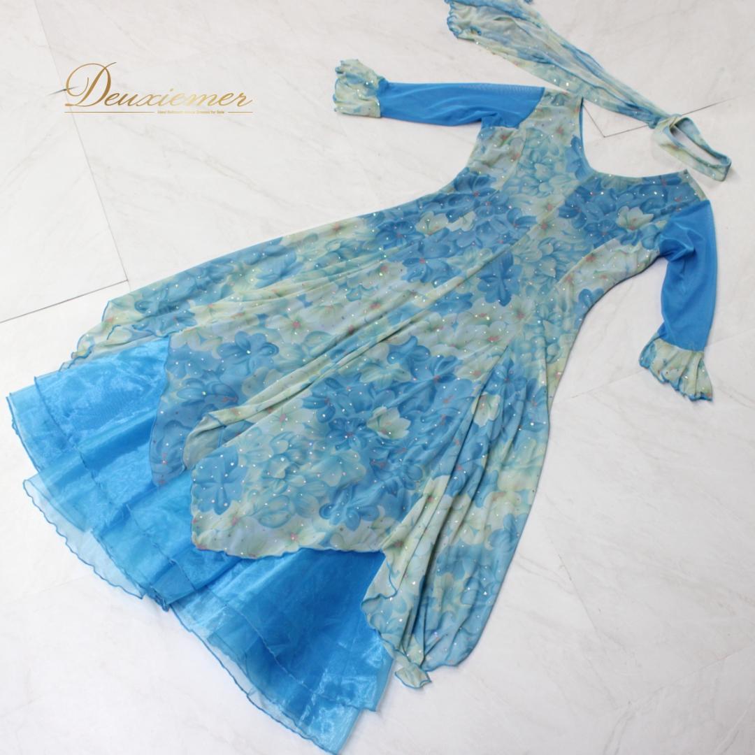 【美品 社交ダンス衣装】ワンピース ドレス 水色 ライトブルー チョーカー 長袖