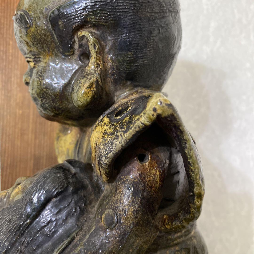 幻の湖東焼　お多福に福助おんぶ像　織部写し　美術館級！36㎝